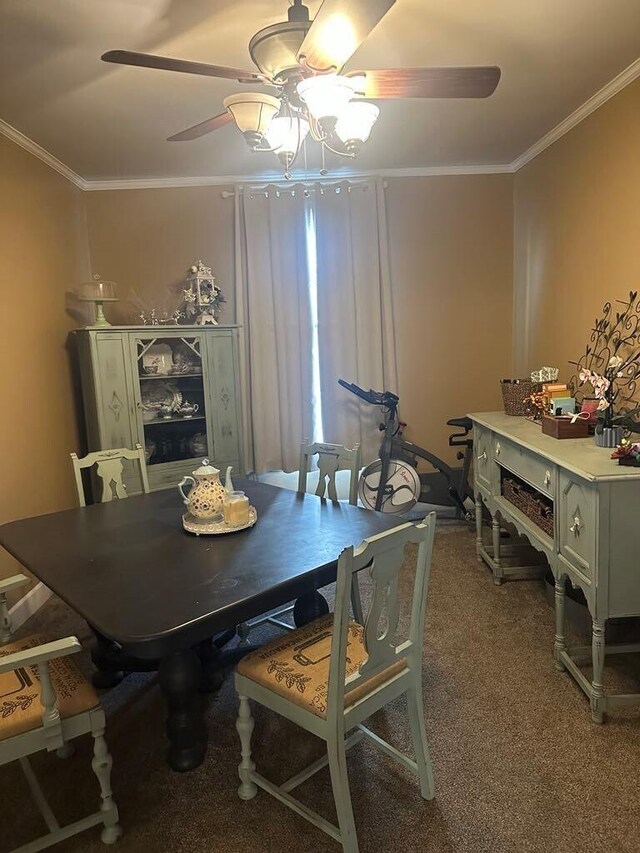 225 Mt Sterling Ave, Flemingsburg, KY 41041 - carpeted dining room with ornamental molding and a ceiling fan