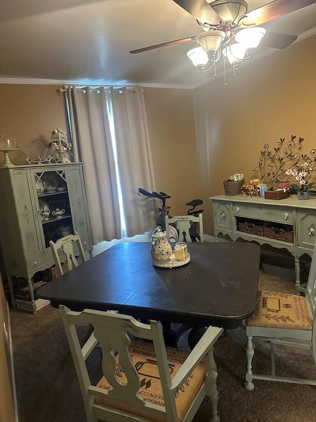 225 Mt Sterling Ave, Flemingsburg, KY 41041 - dining room with a ceiling fan, ornamental molding, and carpet floors