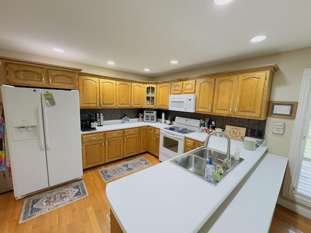 100 Dillon Ct, Berea, KY 40403 - kitchen featuring white appliances, a sink, a peninsula, tasteful backsplash, and light wood-type flooring