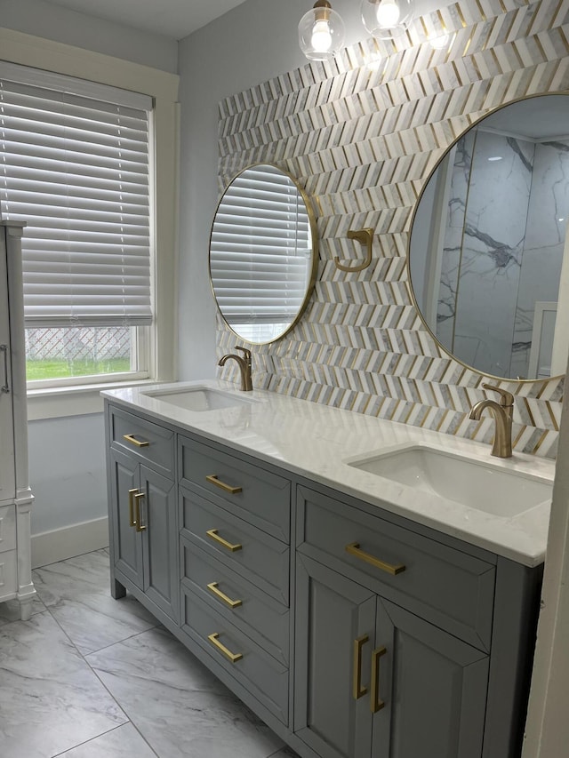 211 S Alta Ave, Danville, KY 40422 - bathroom with marble finish flooring, double vanity, and a marble finish shower