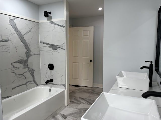 211 S Alta Ave, Danville, KY 40422 - bathroom featuring  shower combination, recessed lighting, marble finish floors, and double vanity