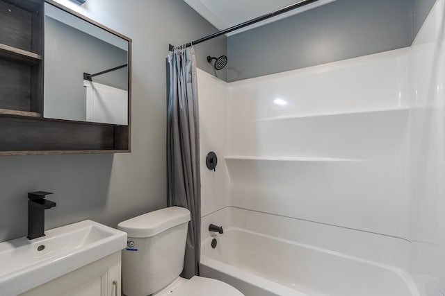 bathroom with vanity, toilet, and shower / bathtub combination with curtain