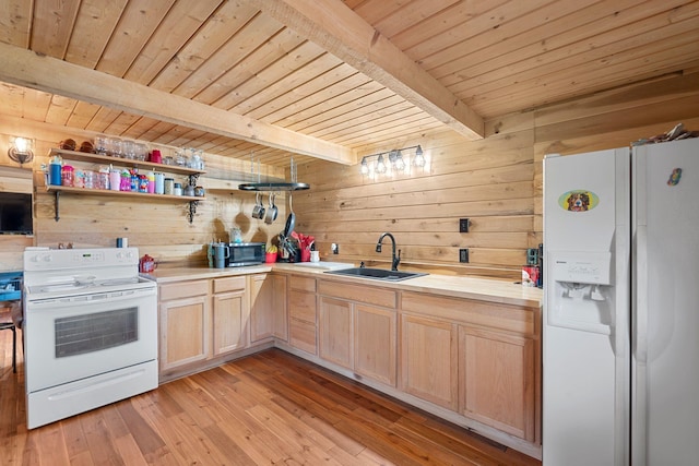 kitchen with light brown cabinetry, white appliances, wood ceiling, a sink, and wooden walls