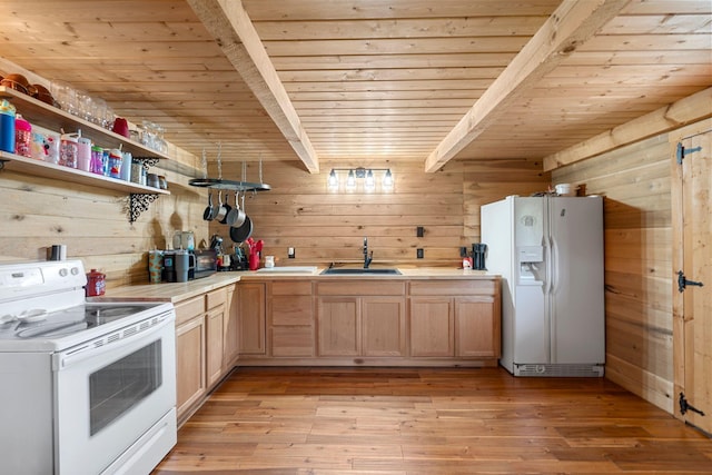 kitchen with white appliances, wood ceiling, a sink, wood walls, and beamed ceiling