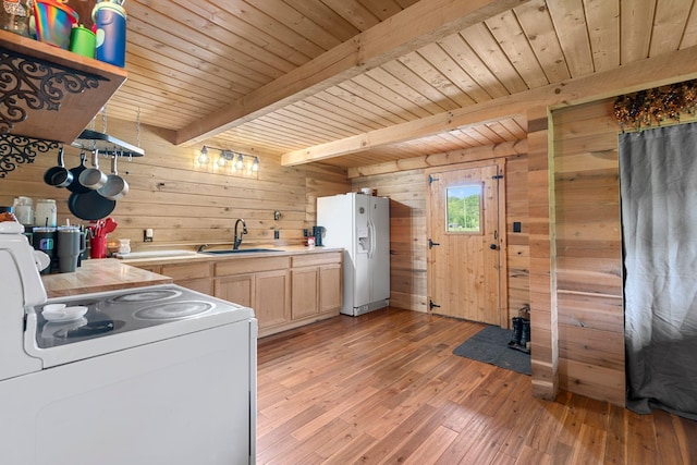 laundry room featuring a sink, wood walls, wood ceiling, and light wood-type flooring