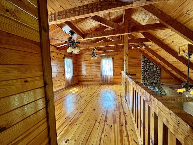 792 Tuggle Rd, Lancaster, KY 40444 - bonus room featuring wooden walls, wood ceiling, ceiling fan, beam ceiling, and light wood finished floors