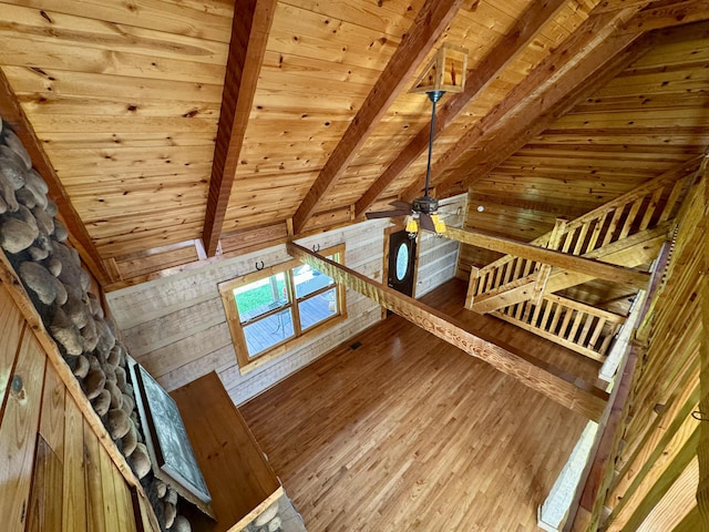 792 Tuggle Rd, Lancaster, KY 40444 - unfurnished living room with wood ceiling, wooden walls, wood-type flooring, and ceiling fan