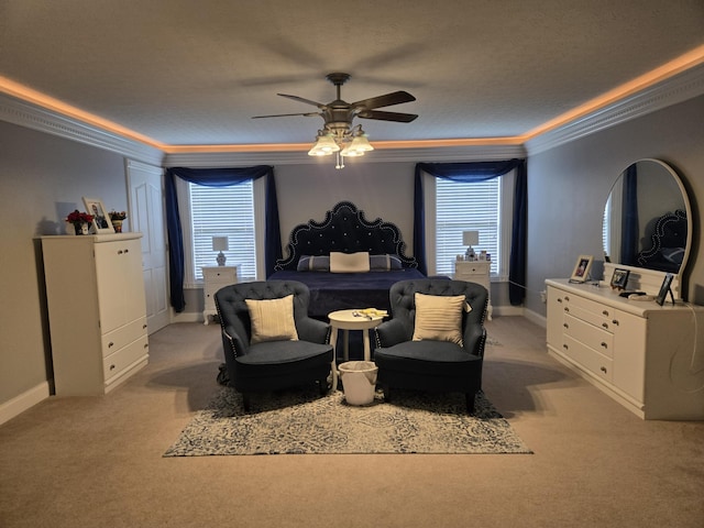 bedroom with ornamental molding, carpet, and baseboards