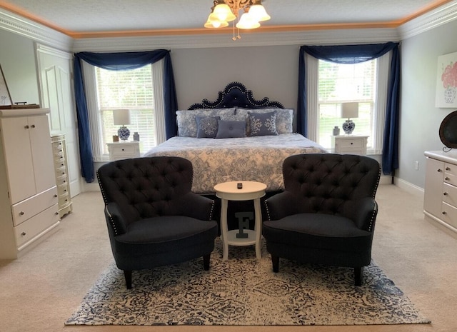 bedroom featuring multiple windows, crown molding, and light colored carpet