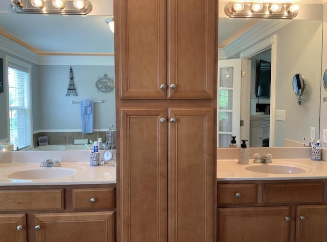 bathroom with ornamental molding, two vanities, and a sink