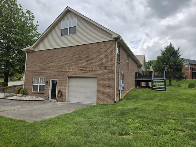 view of property exterior featuring a yard, brick siding, a garage, a deck, and stairway