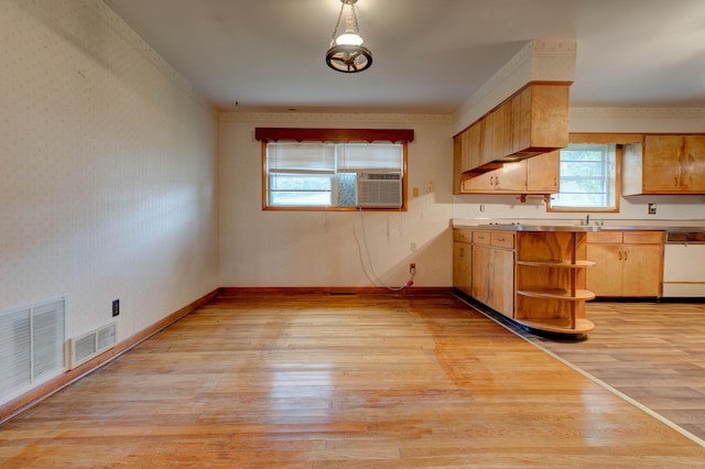 kitchen with wallpapered walls, dishwasher, visible vents, open shelves, and light wood-style floors