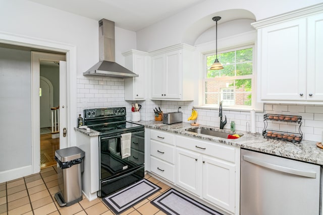 kitchen with electric range, stainless steel dishwasher, wall chimney range hood, a sink, and white cabinets