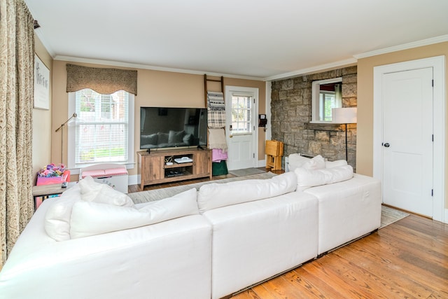 living area with ornamental molding, healthy amount of natural light, and wood finished floors