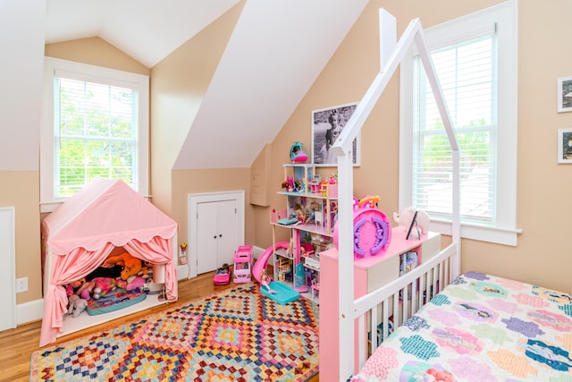 bedroom with vaulted ceiling, wood finished floors, and multiple windows