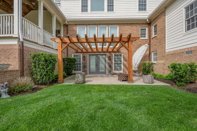 1775 Mooreland Dr, Lexington, KY 40502 - rear view of house featuring french doors, a yard, a pergola, a patio, and brick siding