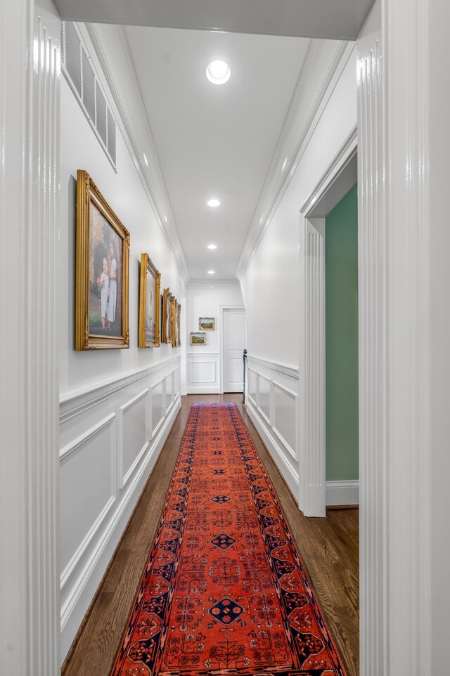 1775 Mooreland Dr, Lexington, KY 40502 - corridor featuring wood finished floors, a wainscoted wall, a decorative wall, recessed lighting, and ornamental molding