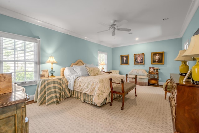 1775 Mooreland Dr, Lexington, KY 40502 - bedroom featuring multiple windows, crown molding, baseboards, recessed lighting, and a ceiling fan