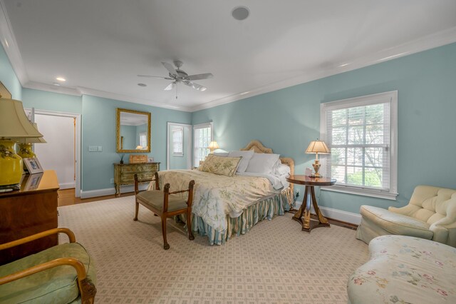 1775 Mooreland Dr, Lexington, KY 40502 - bedroom with multiple windows, baseboards, recessed lighting, ornamental molding, and ceiling fan