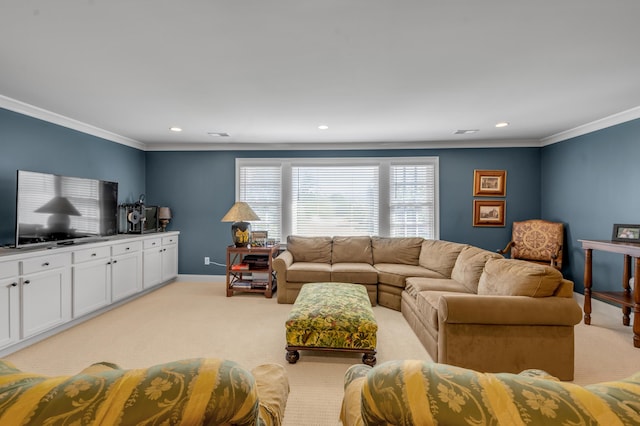 1775 Mooreland Dr, Lexington, KY 40502 - living room featuring light colored carpet, ornamental molding, recessed lighting, and baseboards
