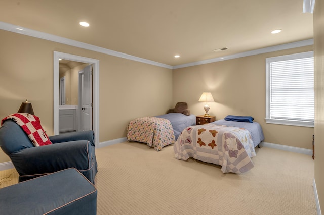 1775 Mooreland Dr, Lexington, KY 40502 - bedroom with recessed lighting, baseboards, carpet flooring, ornamental molding, and connected bathroom