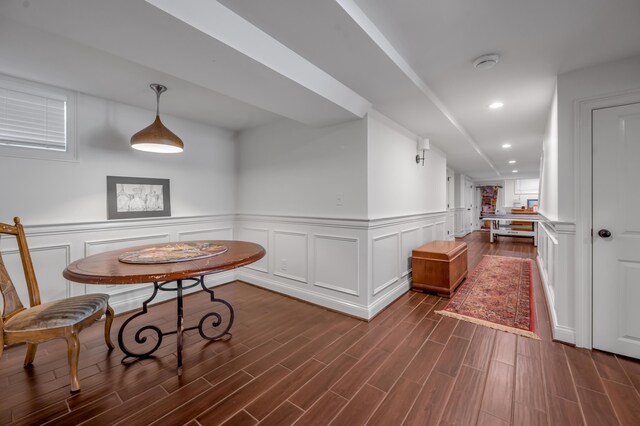 1775 Mooreland Dr, Lexington, KY 40502 - hall featuring dark wood-style flooring, recessed lighting, wainscoting, and a decorative wall