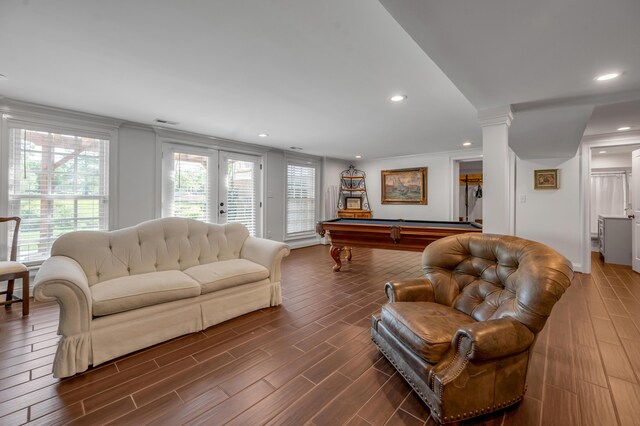 1775 Mooreland Dr, Lexington, KY 40502 - living area featuring billiards, healthy amount of natural light, wood finished floors, recessed lighting, and ornamental molding