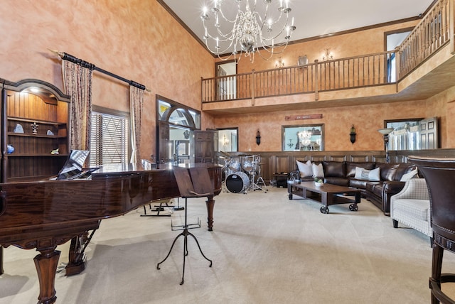 129 Adams Ln, Richmond, KY 40475 - interior space featuring carpet, crown molding, a high ceiling, and an inviting chandelier