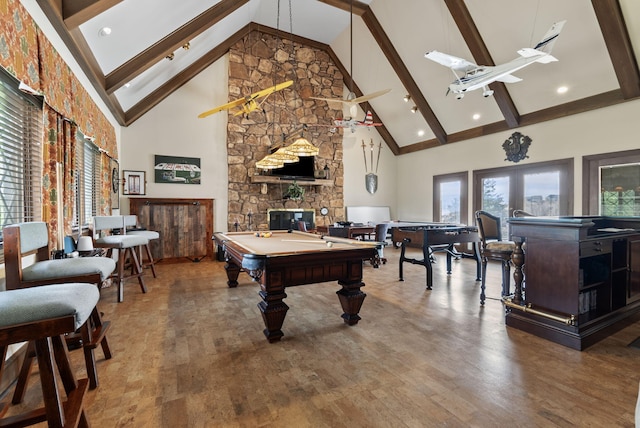 129 Adams Ln, Richmond, KY 40475 - rec room featuring beamed ceiling, high vaulted ceiling, billiards, and wood finished floors