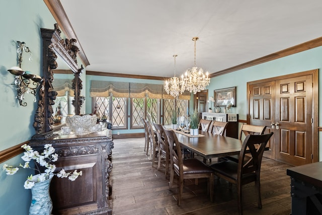 129 Adams Ln, Richmond, KY 40475 - dining space with baseboards, dark wood finished floors, a chandelier, and crown molding