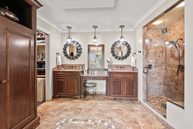 129 Adams Ln, Richmond, KY 40475 - bathroom with crown molding, vanity, and a stall shower