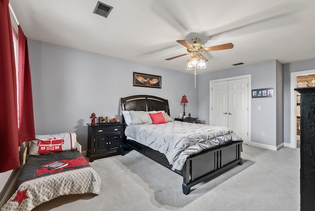 129 Adams Ln, Richmond, KY 40475 - bedroom featuring a ceiling fan, light carpet, a closet, and visible vents