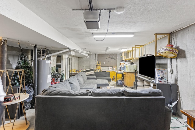 living room with electric water heater and concrete flooring