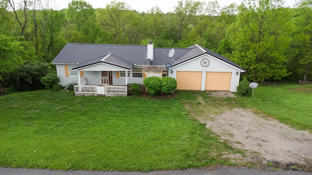 17590 New Columbus Rd, Corinth, KY 41010 - ranch-style home with a chimney, dirt driveway, covered porch, a garage, and a front lawn