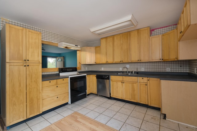 17590 New Columbus Rd, Corinth, KY 41010 - kitchen with a sink, light tile patterned floors, stainless steel dishwasher, dark countertops, and electric stove