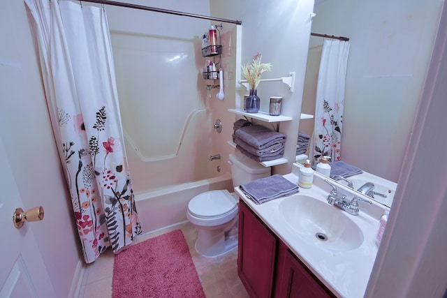 bathroom with toilet, tile patterned floors, vanity, and shower / bath combo with shower curtain