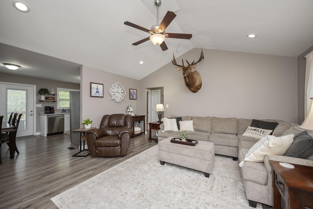 916 Auckland Ave, Richmond, KY 40475 - living room featuring ceiling fan, recessed lighting, vaulted ceiling, and wood finished floors