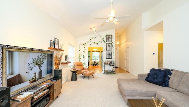 2204 Market Garden Ln, Lexington, KY 40509 - living room featuring lofted ceiling, light colored carpet, and a ceiling fan