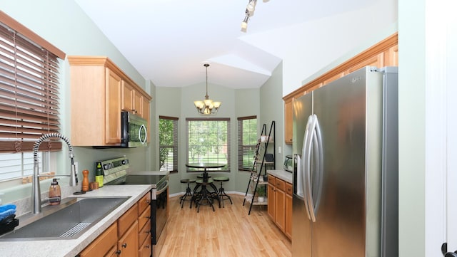 2204 Market Garden Ln, Lexington, KY 40509 - kitchen featuring appliances with stainless steel finishes, a sink, a chandelier, light wood finished floors, and hanging light fixtures