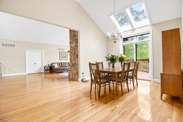 1117 Cliffs Edge Rd, East Bernstadt, KY 40729 - dining area featuring a chandelier, light wood-type flooring, a skylight, high vaulted ceiling, and baseboards