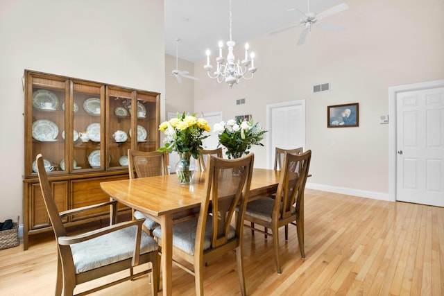 1117 Cliffs Edge Rd, East Bernstadt, KY 40729 - dining area with high vaulted ceiling, ceiling fan, light wood-type flooring, a chandelier, and baseboards
