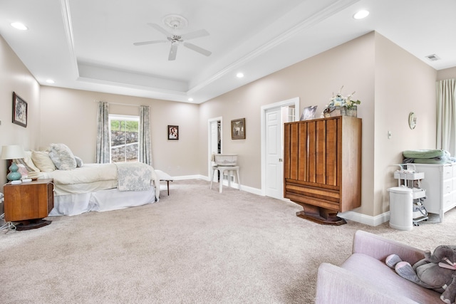 1117 Cliffs Edge Rd, East Bernstadt, KY 40729 - bedroom featuring carpet floors, recessed lighting, baseboards, a ceiling fan, and a tray ceiling
