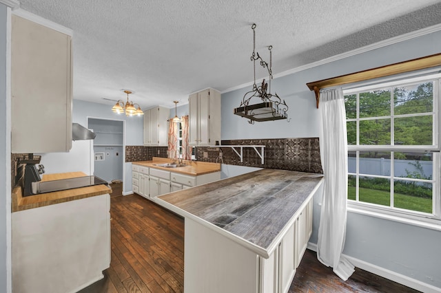 324 Circle Dr, Morehead, KY 40351 - kitchen featuring a sink, a textured ceiling, a chandelier, white cabinets, and tasteful backsplash