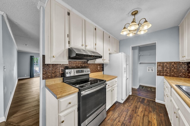 324 Circle Dr, Morehead, KY 40351 - kitchen featuring stainless steel electric range oven, under cabinet range hood, a chandelier, dark wood-style flooring, and white cabinetry