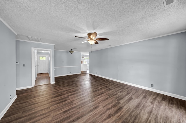 324 Circle Dr, Morehead, KY 40351 - unfurnished living room with a ceiling fan, dark wood-style flooring, crown molding, a textured ceiling, and baseboards