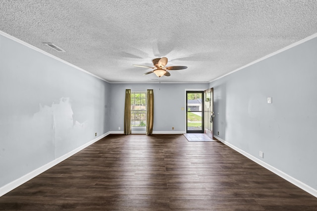 324 Circle Dr, Morehead, KY 40351 - empty room featuring ceiling fan, dark wood finished floors, crown molding, baseboards, and a textured ceiling