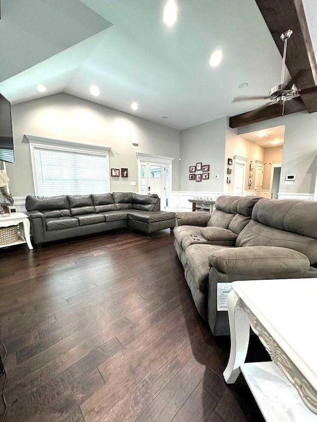 living area featuring a ceiling fan, lofted ceiling, recessed lighting, and dark wood-type flooring