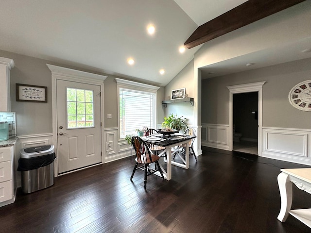 dining area featuring a wainscoted wall, a decorative wall, dark wood-type flooring, and recessed lighting