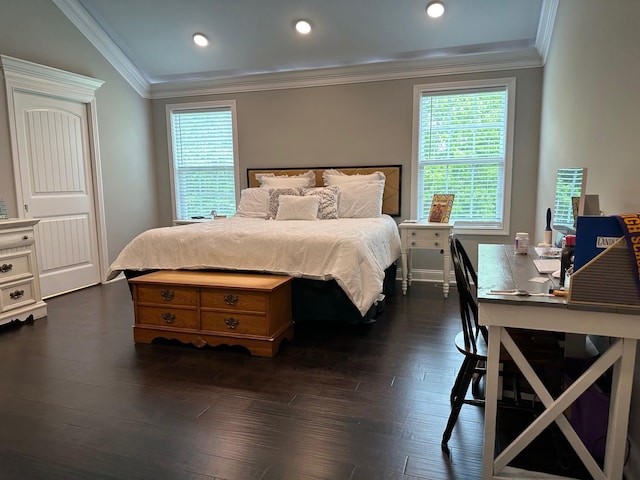 bedroom featuring crown molding, dark wood-style floors, multiple windows, and recessed lighting