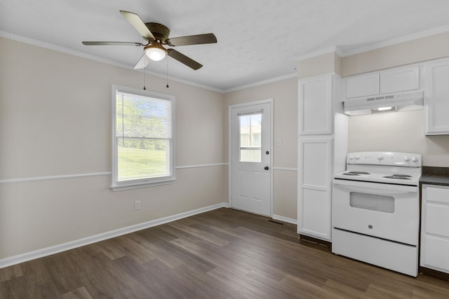 340 Wise Dr, Wilmore, KY 40390 - kitchen with white range with electric cooktop, under cabinet range hood, dark wood-style flooring, white cabinetry, and ornamental molding
